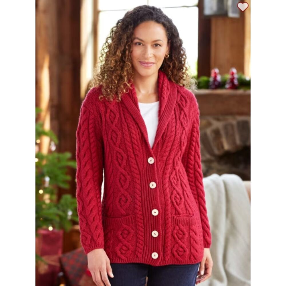 Irish Merino Wool Cardigan Shannon‎ Woolen Mills Cable Knit Red Shawl Collar XS